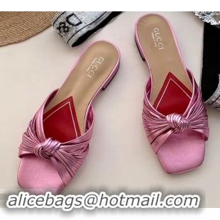 Most Popular Gucci Front Knot Leather Slide Sandals 577231 Metallic Pink 2019