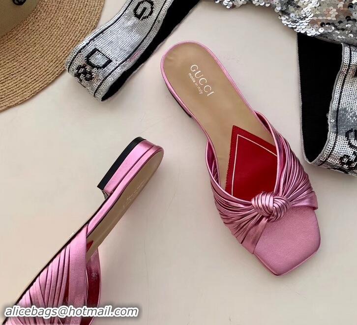 Most Popular Gucci Front Knot Leather Slide Sandals 577231 Metallic Pink 2019