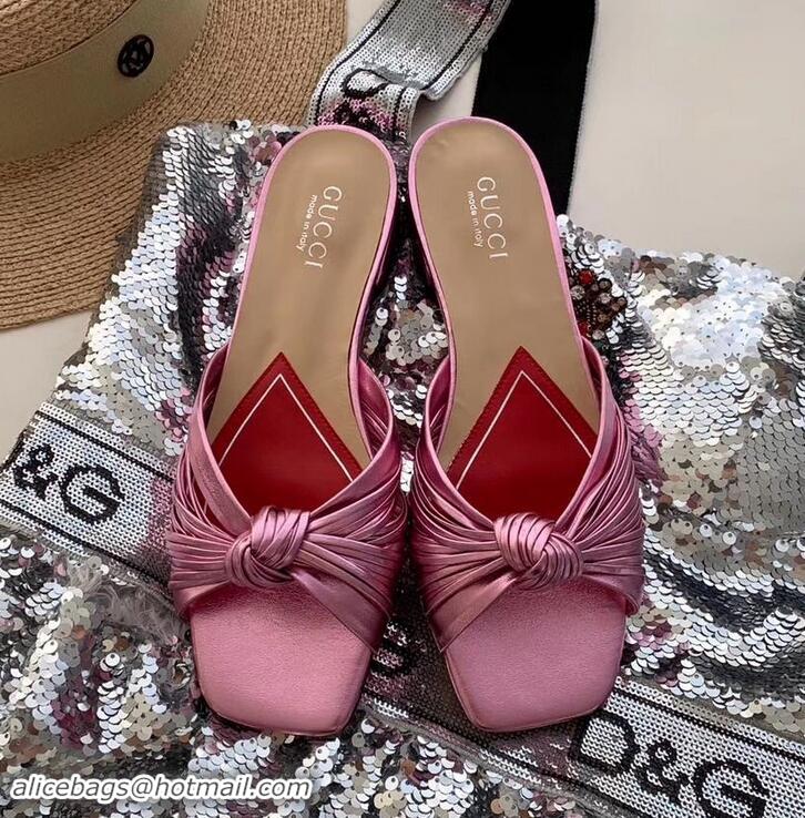 Most Popular Gucci Front Knot Leather Slide Sandals 577231 Metallic Pink 2019