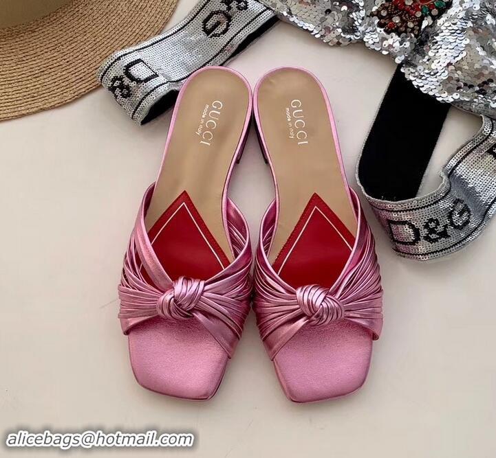 Most Popular Gucci Front Knot Leather Slide Sandals 577231 Metallic Pink 2019