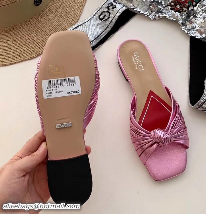 Most Popular Gucci Front Knot Leather Slide Sandals 577231 Metallic Pink 2019