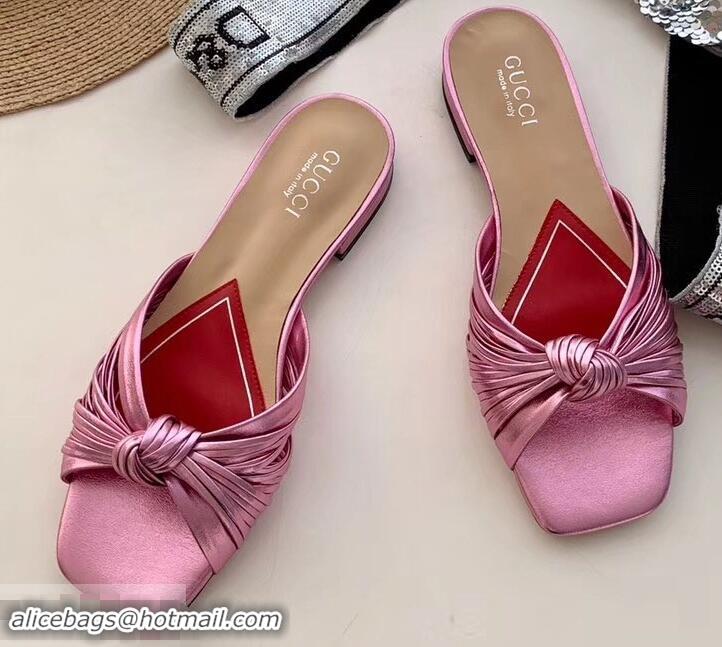 Most Popular Gucci Front Knot Leather Slide Sandals 577231 Metallic Pink 2019