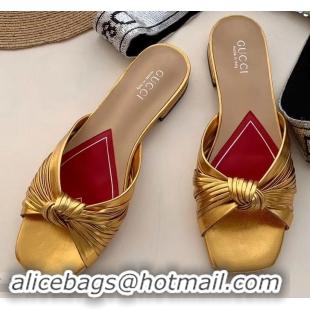 Good Looking Gucci Front Knot Leather Slide Sandals 577231 Metallic Gold 2019