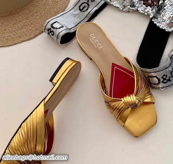 Good Looking Gucci Front Knot Leather Slide Sandals 577231 Metallic Gold 2019