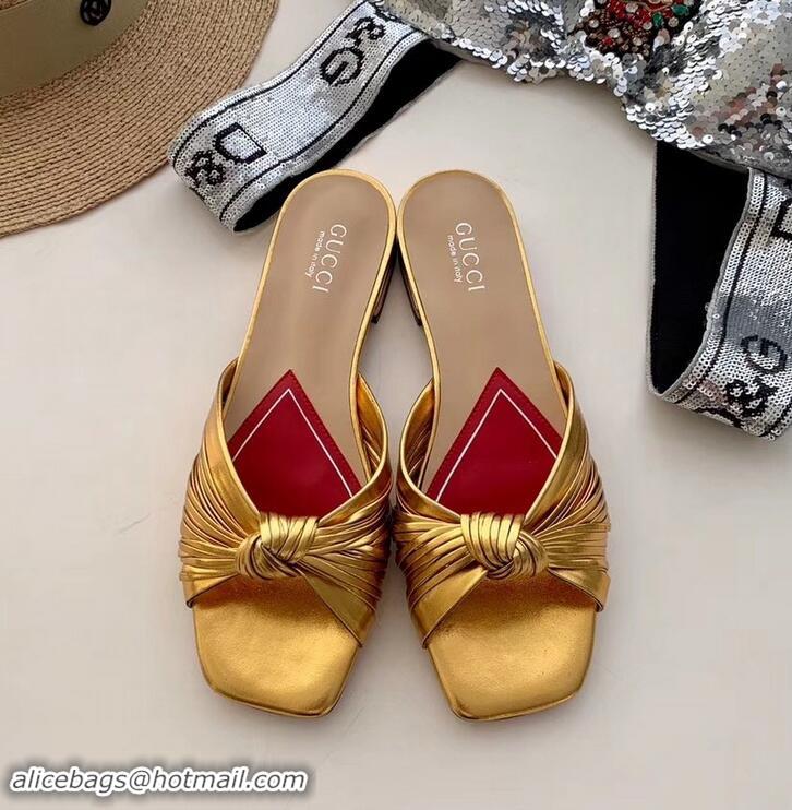 Good Looking Gucci Front Knot Leather Slide Sandals 577231 Metallic Gold 2019