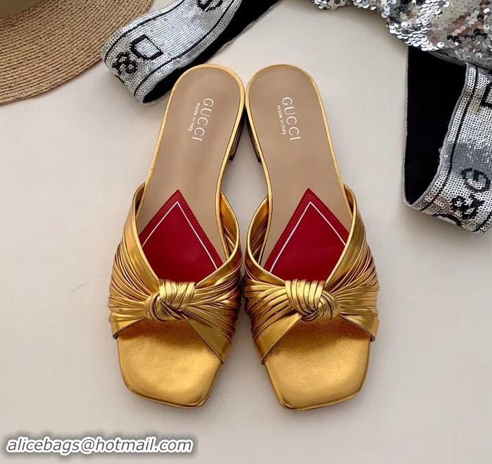 Good Looking Gucci Front Knot Leather Slide Sandals 577231 Metallic Gold 2019