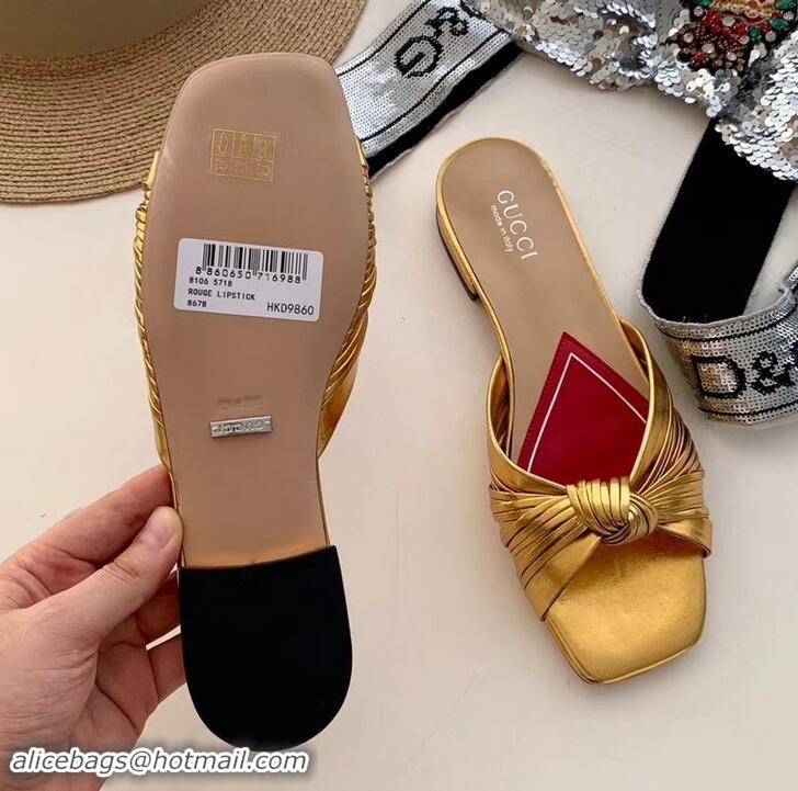 Good Looking Gucci Front Knot Leather Slide Sandals 577231 Metallic Gold 2019