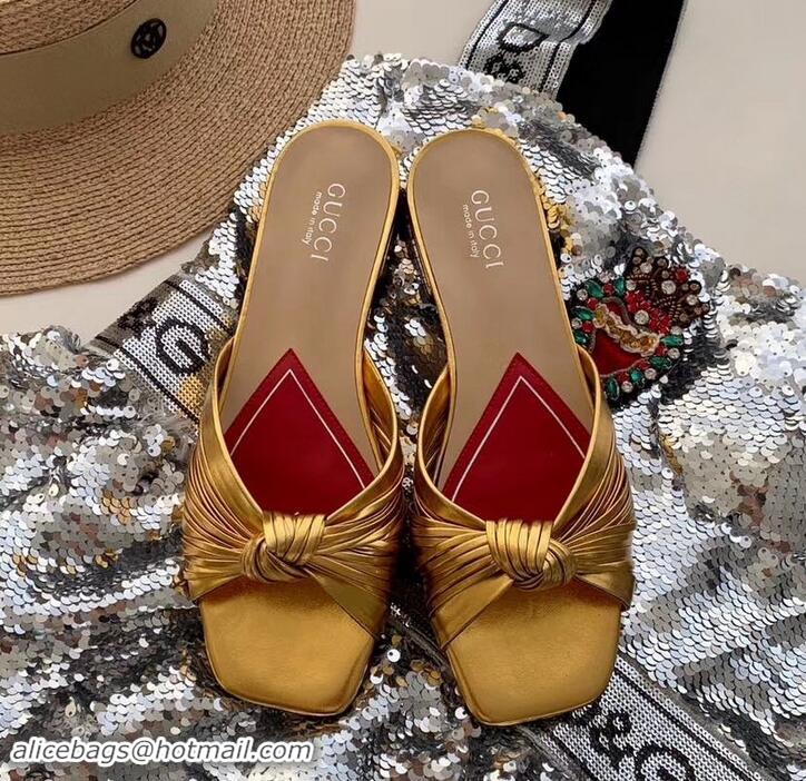 Good Looking Gucci Front Knot Leather Slide Sandals 577231 Metallic Gold 2019