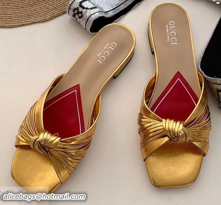 Good Looking Gucci Front Knot Leather Slide Sandals 577231 Metallic Gold 2019