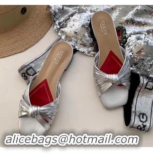 Good Quality Gucci Front Knot Leather Slide Sandals 577231 Metallic Silver 2019