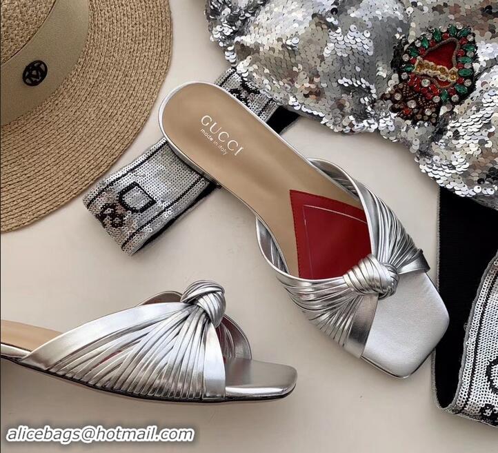 Good Quality Gucci Front Knot Leather Slide Sandals 577231 Metallic Silver 2019