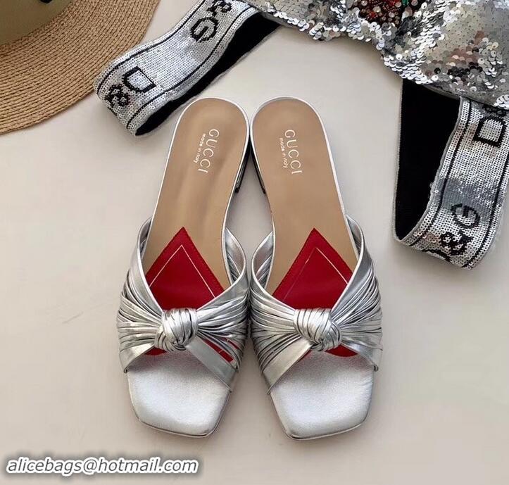 Good Quality Gucci Front Knot Leather Slide Sandals 577231 Metallic Silver 2019