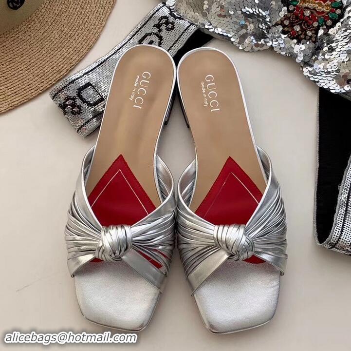 Good Quality Gucci Front Knot Leather Slide Sandals 577231 Metallic Silver 2019