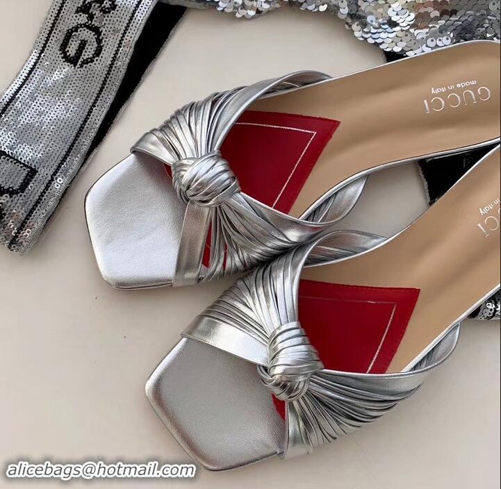 Good Quality Gucci Front Knot Leather Slide Sandals 577231 Metallic Silver 2019