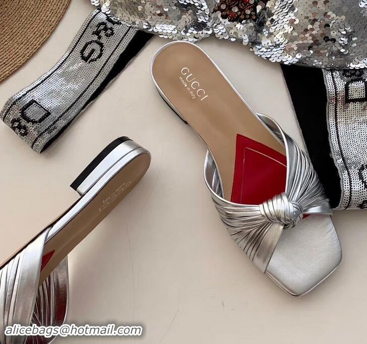 Good Quality Gucci Front Knot Leather Slide Sandals 577231 Metallic Silver 2019