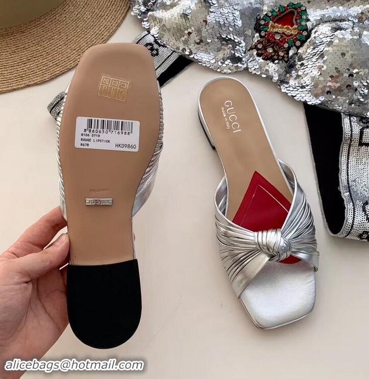 Good Quality Gucci Front Knot Leather Slide Sandals 577231 Metallic Silver 2019