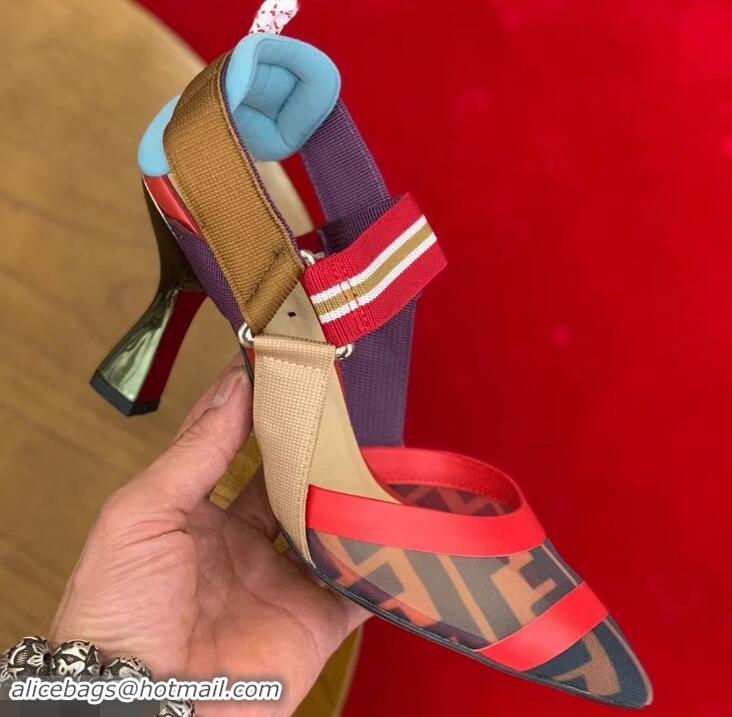 Good Product Fendi Heel 8cm Multicolour Tech Mesh Slingbacks Pumps Red 709014 2019