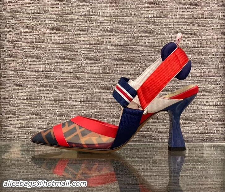 Top Quality Fendi Heel 8cm Multicolour Tech Mesh Slingbacks Pumps Red/Blue 709017 2019