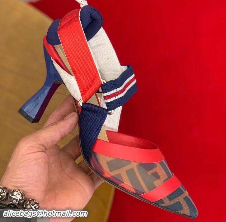 Top Quality Fendi Heel 8cm Multicolour Tech Mesh Slingbacks Pumps Red/Blue 709017 2019