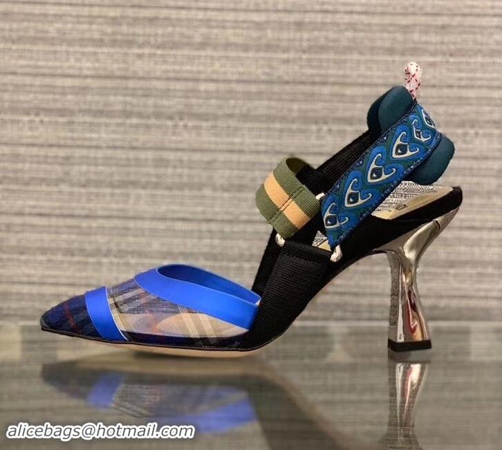 Super Quality Fendi Heel 8cm Multicolour Tech Mesh Slingbacks Pumps Blue 709021 2019