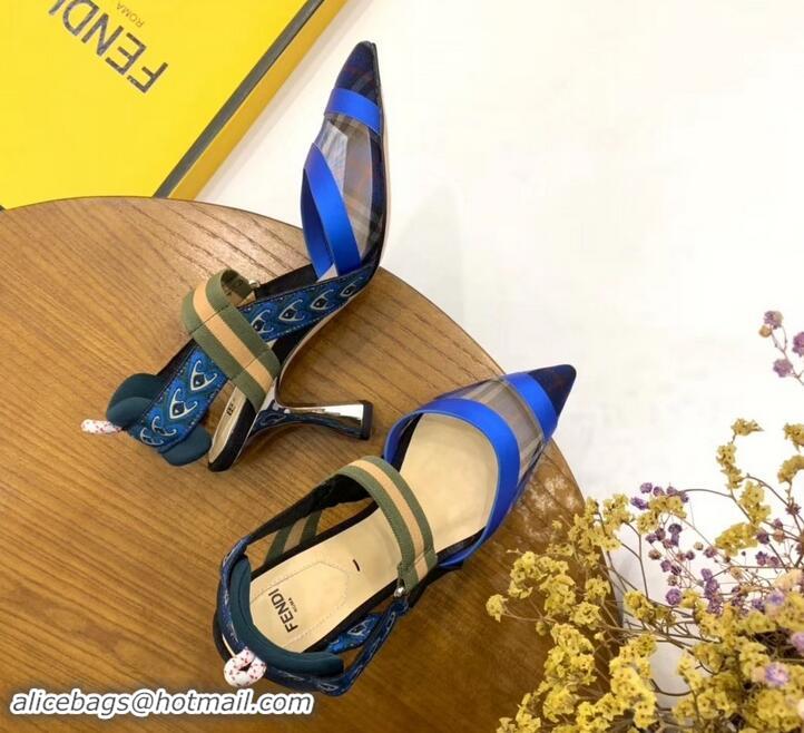 Super Quality Fendi Heel 8cm Multicolour Tech Mesh Slingbacks Pumps Blue 709021 2019