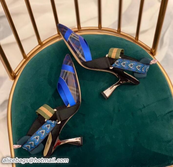 Super Quality Fendi Heel 8cm Multicolour Tech Mesh Slingbacks Pumps Blue 709021 2019