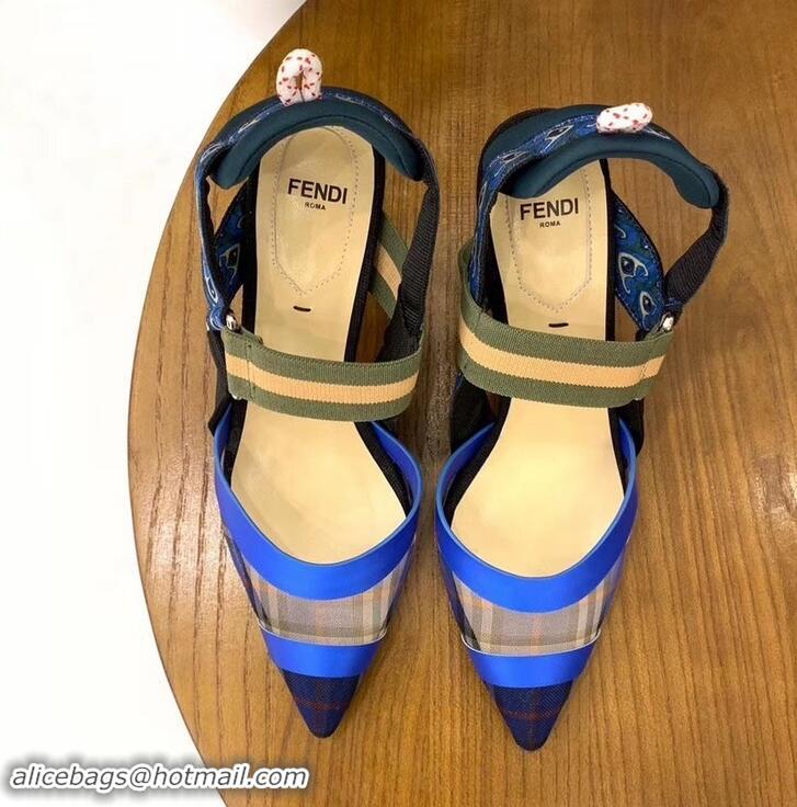 Super Quality Fendi Heel 8cm Multicolour Tech Mesh Slingbacks Pumps Blue 709021 2019