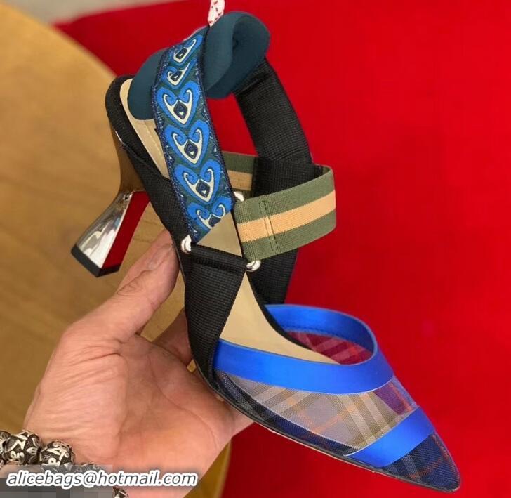 Super Quality Fendi Heel 8cm Multicolour Tech Mesh Slingbacks Pumps Blue 709021 2019