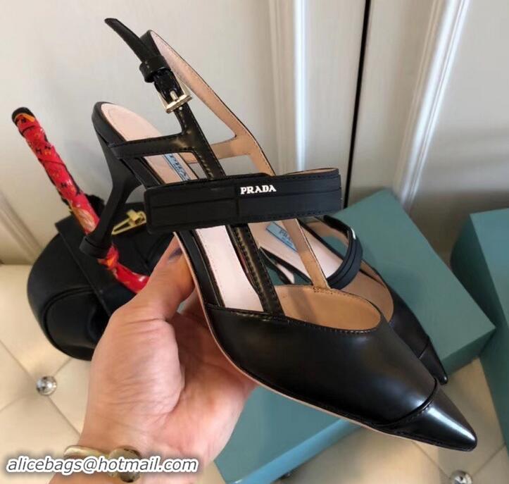 Best Luxury Prada Heel 6cm Leather Fastener Strap Pumps 709025 Black 2019