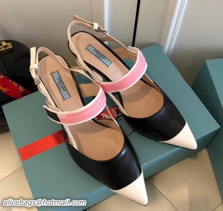 Unique Grade Prada Heel 6cm Leather Fastener Strap Pumps 709025 Black/White 2019