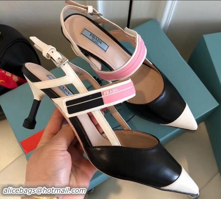 Unique Grade Prada Heel 6cm Leather Fastener Strap Pumps 709025 Black/White 2019