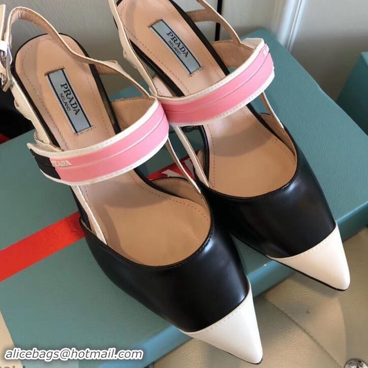 Unique Grade Prada Heel 6cm Leather Fastener Strap Pumps 709025 Black/White 2019