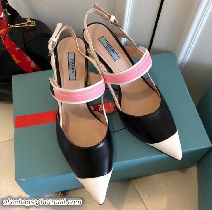 Unique Grade Prada Heel 6cm Leather Fastener Strap Pumps 709025 Black/White 2019