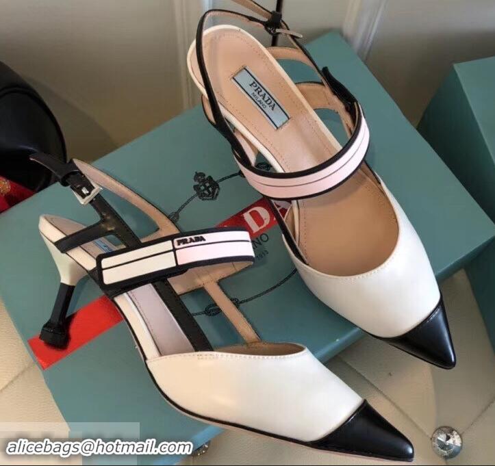 Grade Design Prada Heel 6cm Leather Fastener Strap Pumps 709025 White/Black 2019