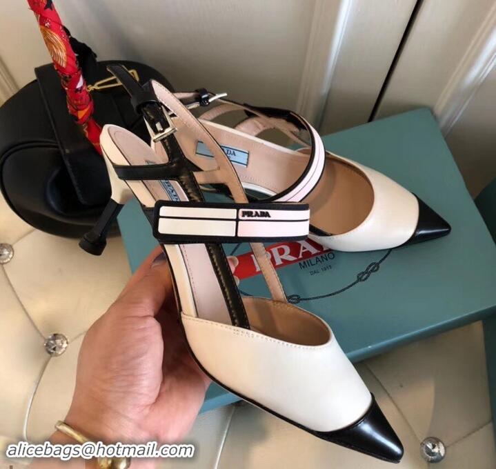 Grade Design Prada Heel 6cm Leather Fastener Strap Pumps 709025 White/Black 2019