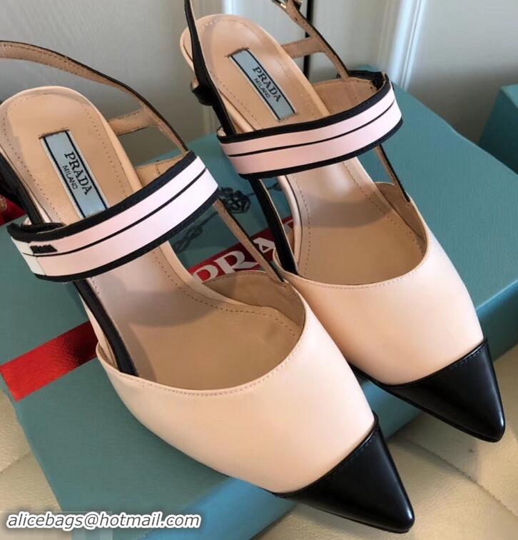 Best Quality Prada Heel 6cm Leather Fastener Strap Pumps 709025 Beige/Black 2019