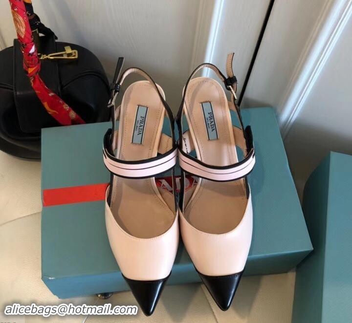 Best Quality Prada Heel 6cm Leather Fastener Strap Pumps 709025 Beige/Black 2019