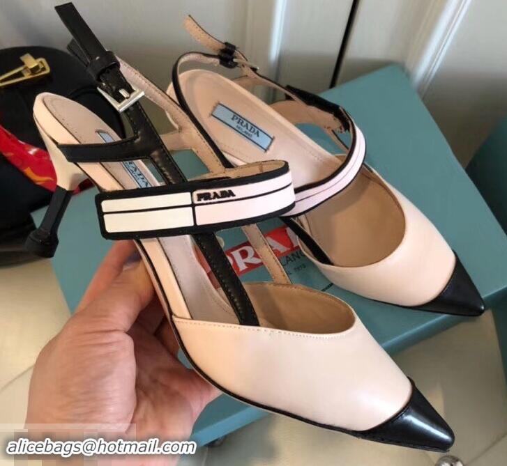 Best Quality Prada Heel 6cm Leather Fastener Strap Pumps 709025 Beige/Black 2019