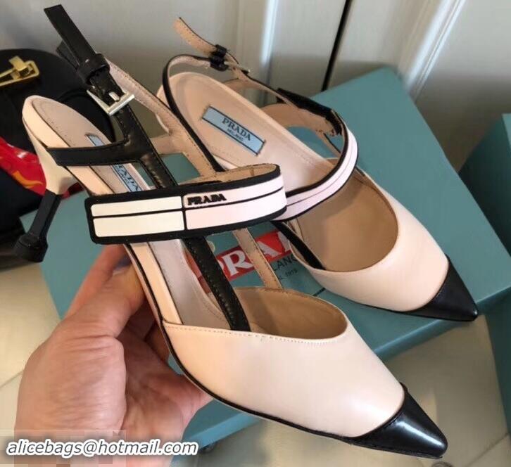 Best Quality Prada Heel 6cm Leather Fastener Strap Pumps 709025 Beige/Black 2019