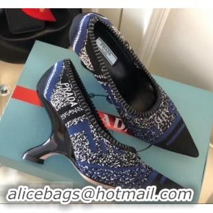 Duplicate Prada Angled Heel 9cm Geometric Pattern Jacquard Knit Fabric Pumps 709030 Blue 2019