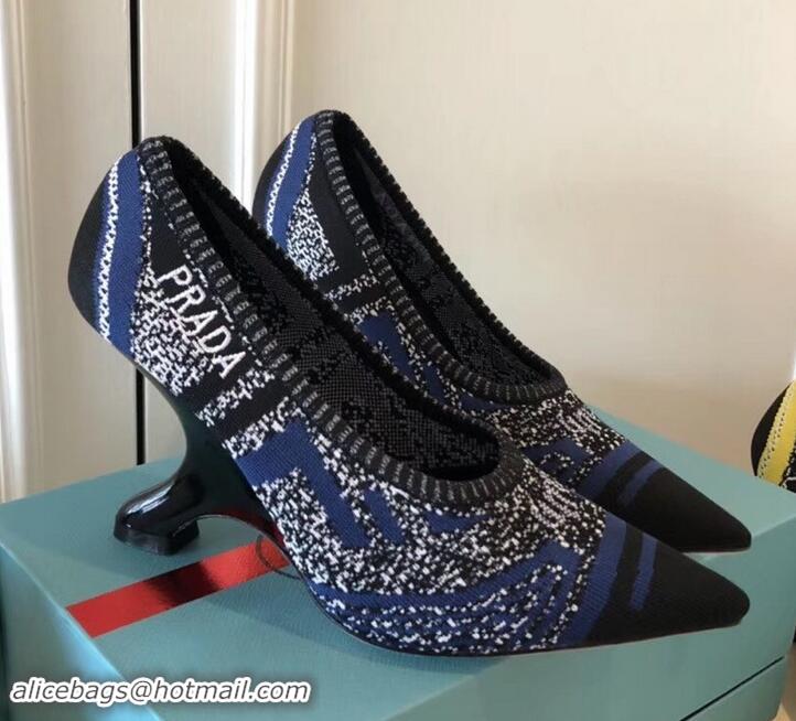 Duplicate Prada Angled Heel 9cm Geometric Pattern Jacquard Knit Fabric Pumps 709030 Blue 2019