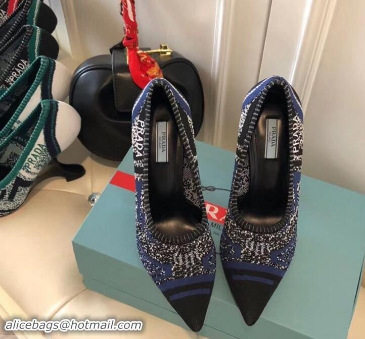 Duplicate Prada Angled Heel 9cm Geometric Pattern Jacquard Knit Fabric Pumps 709030 Blue 2019