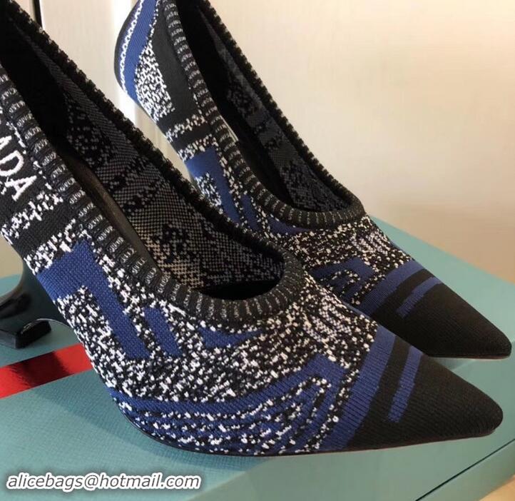 Duplicate Prada Angled Heel 9cm Geometric Pattern Jacquard Knit Fabric Pumps 709030 Blue 2019