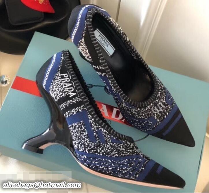 Duplicate Prada Angled Heel 9cm Geometric Pattern Jacquard Knit Fabric Pumps 709030 Blue 2019