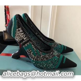 Shop Cheap Prada Angled Heel 9cm Geometric Pattern Jacquard Knit Fabric Pumps 709030 Green 2019