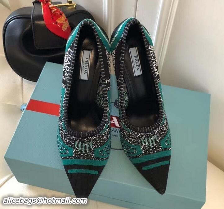 Shop Cheap Prada Angled Heel 9cm Geometric Pattern Jacquard Knit Fabric Pumps 709030 Green 2019