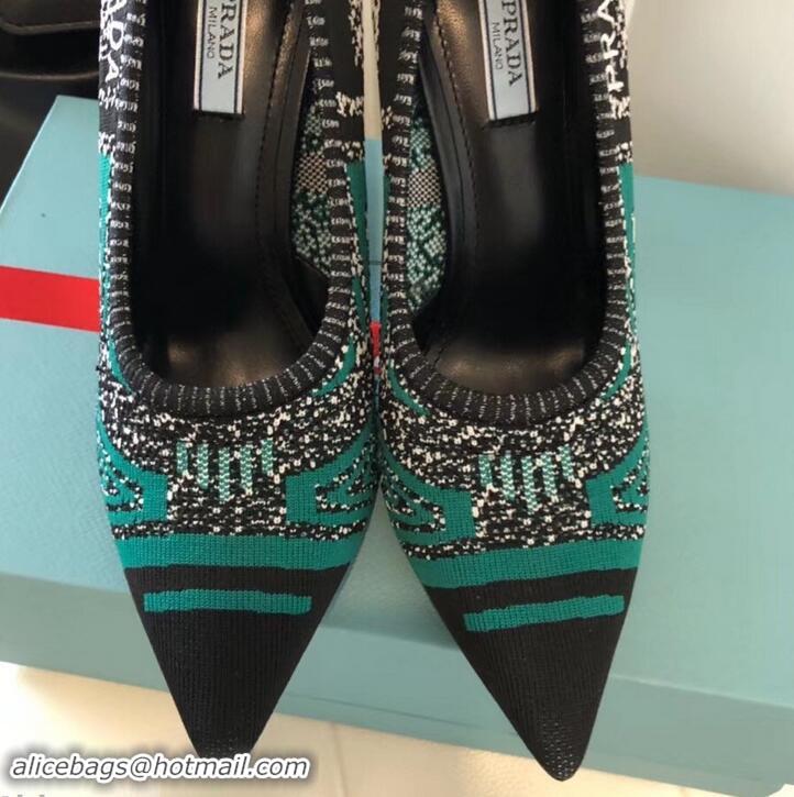 Shop Cheap Prada Angled Heel 9cm Geometric Pattern Jacquard Knit Fabric Pumps 709030 Green 2019