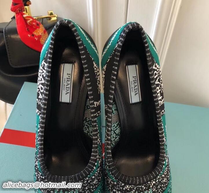 Shop Cheap Prada Angled Heel 9cm Geometric Pattern Jacquard Knit Fabric Pumps 709030 Green 2019