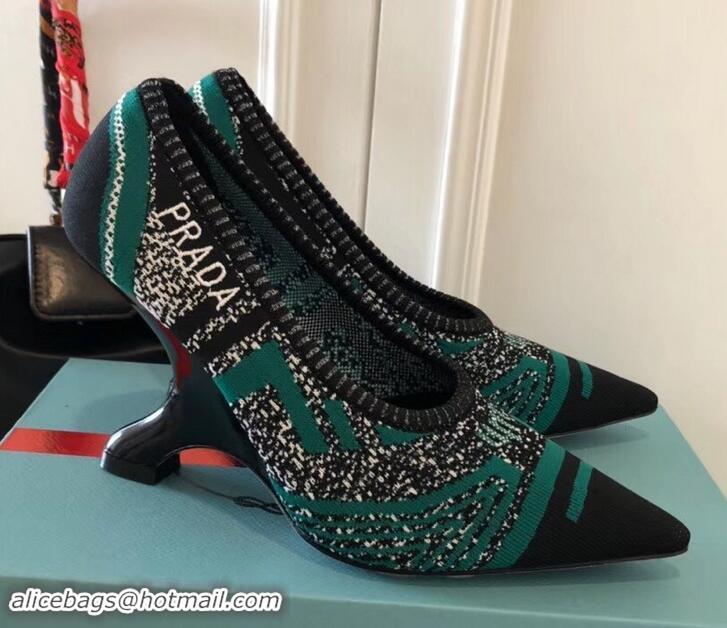 Shop Cheap Prada Angled Heel 9cm Geometric Pattern Jacquard Knit Fabric Pumps 709030 Green 2019