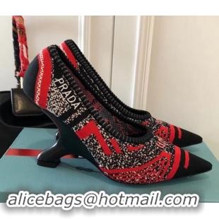 Classic Hot Prada Angled Heel 9cm Geometric Pattern Jacquard Knit Fabric Pumps 709030 Red 2019